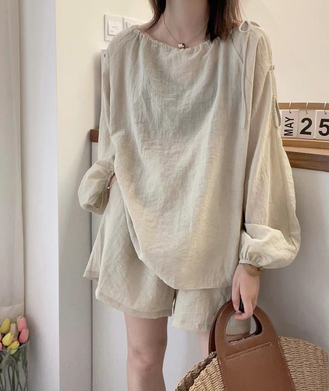 アメカジ レディース 肩開きロンティー セットアップ ショートパンツ付き