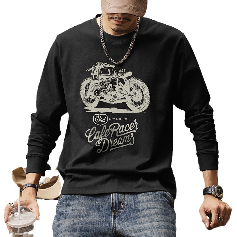 アメカジ ヴィンテージバイクプリント長袖丸首シャツ