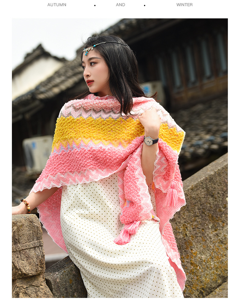 アメカジ レディース民族風ニットベスト大判ショール温かポンチョ