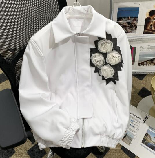 アメカジ メンズ白色花柄刺繍ジャケット薔薇装飾ブルゾン