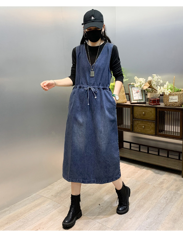 アメカジ デニムワンピース ゆったり ウエストマーク ロング丈