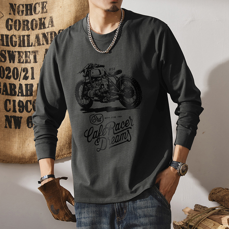 アメカジ ヴィンテージバイクプリント長袖丸首シャツ