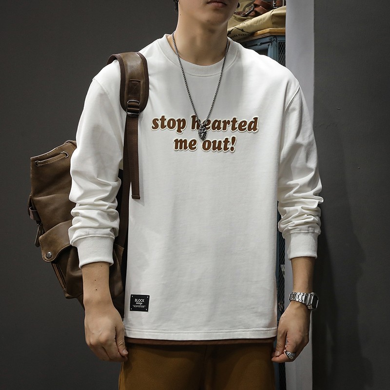 アメカジ メッセージ刺繍クルーネック長袖Tシャツ