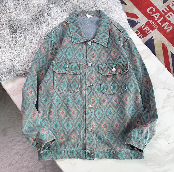 アメカジ 男性用幾何学模様長袖デニムジャケット