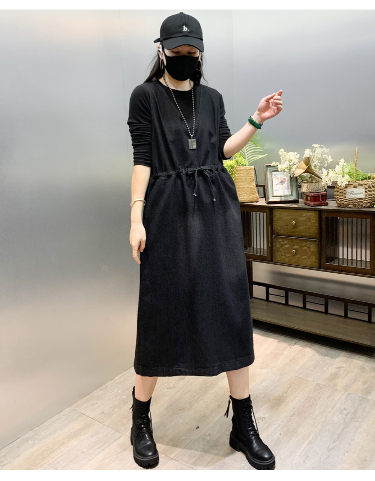 アメカジ デニムワンピース ゆったり ウエストマーク ロング丈