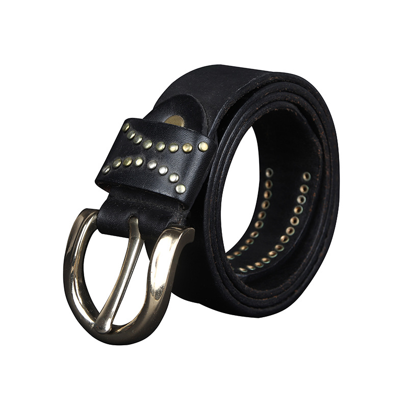 アメカジ スタッズ装飾本革二重リングバックルベルト
