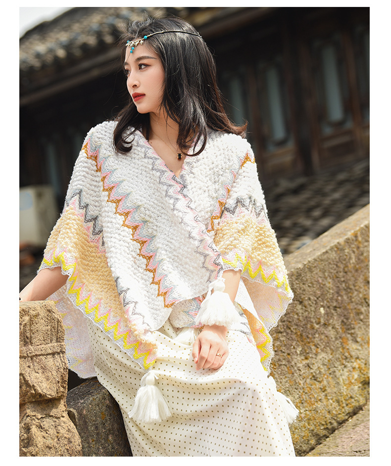 アメカジ レディース民族風ニットベスト大判ショール温かポンチョ