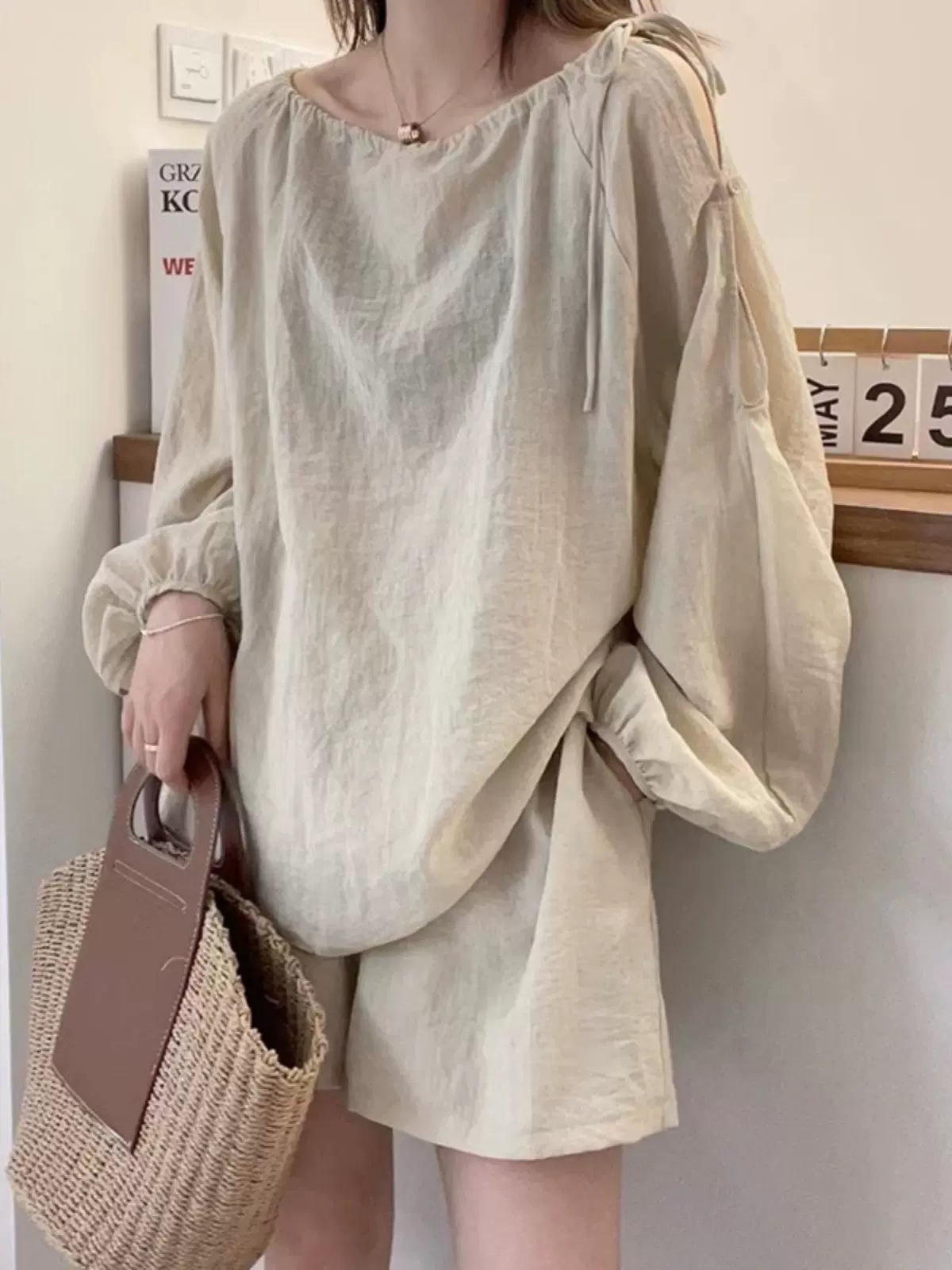 アメカジ レディース 肩開きロンティー セットアップ ショートパンツ付き