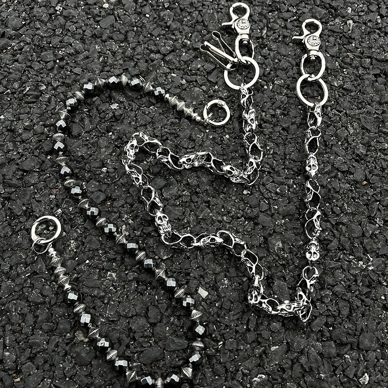アメカジ 髑髏装飾二連鎖ビーズ組合せ財布鎖