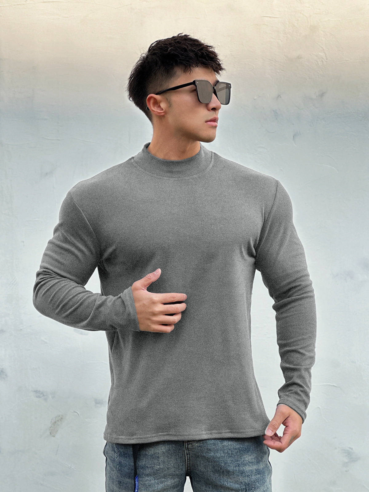 アメカジ モックネック無地長袖シャツ