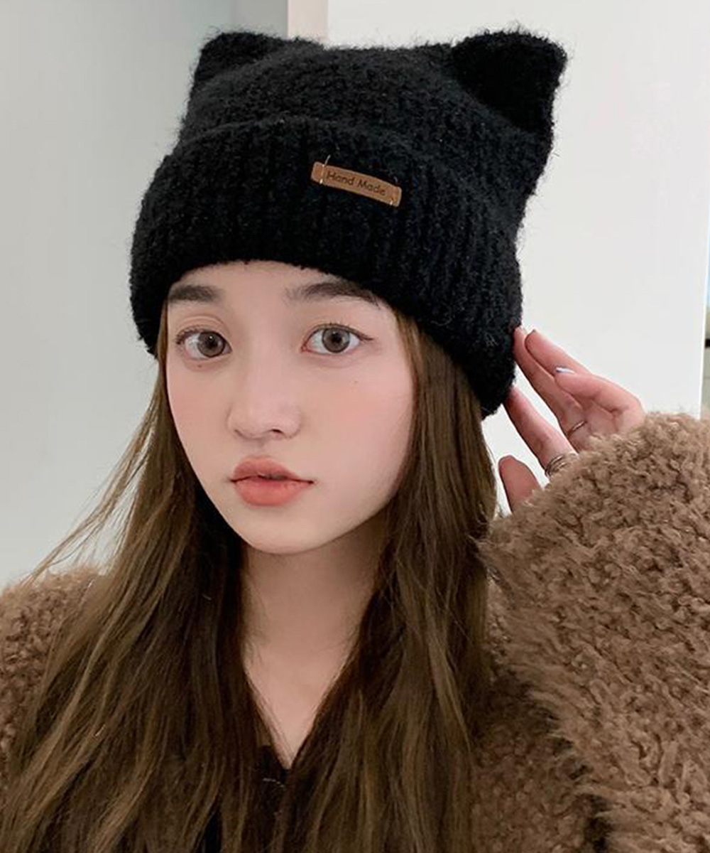 アメカジ 猫耳ニット帽子 リブ編み キャップ レディース