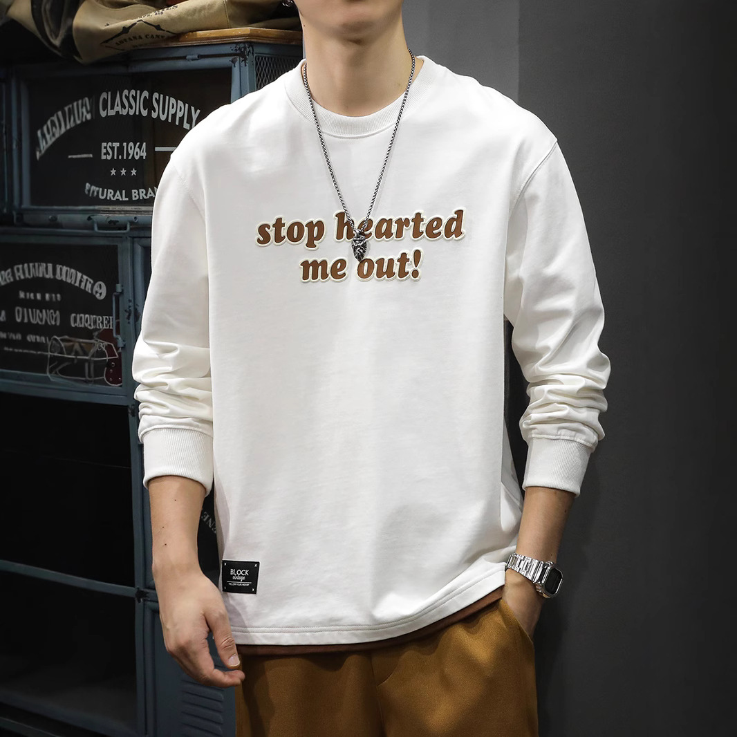 アメカジ メッセージ刺繍クルーネック長袖Tシャツ