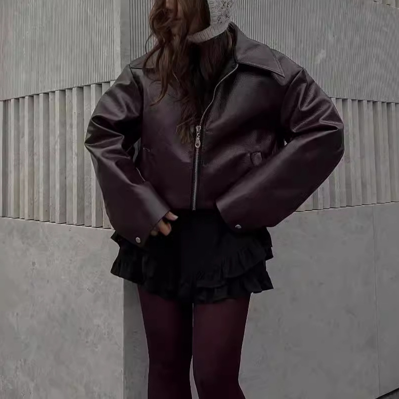 アメカジ 本革調合成皮革ショート丈ジップアップジャケット