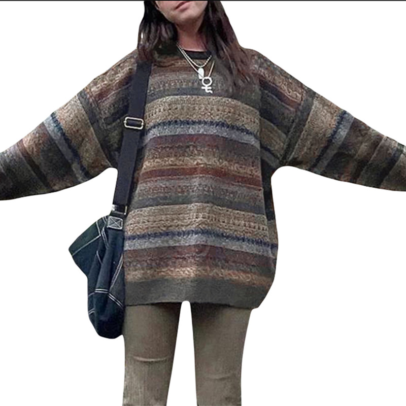 アメカジ マルチボーダー柄ゆったりオーバーサイズトレーナー