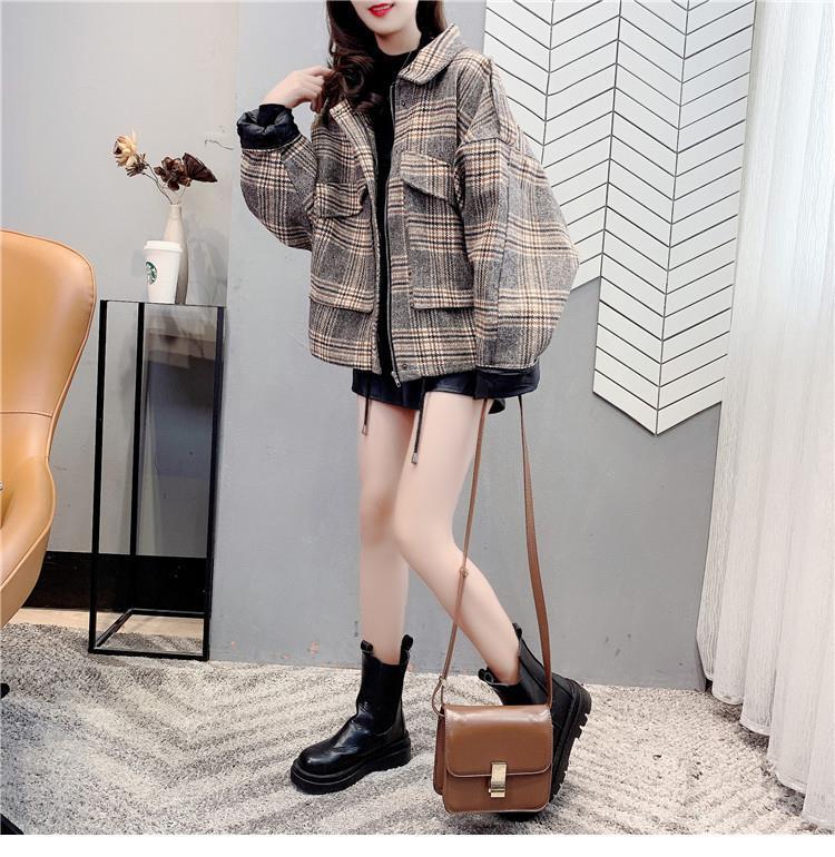 アメカジ レディース チェック柄ショートコート アウター ゆったり上着