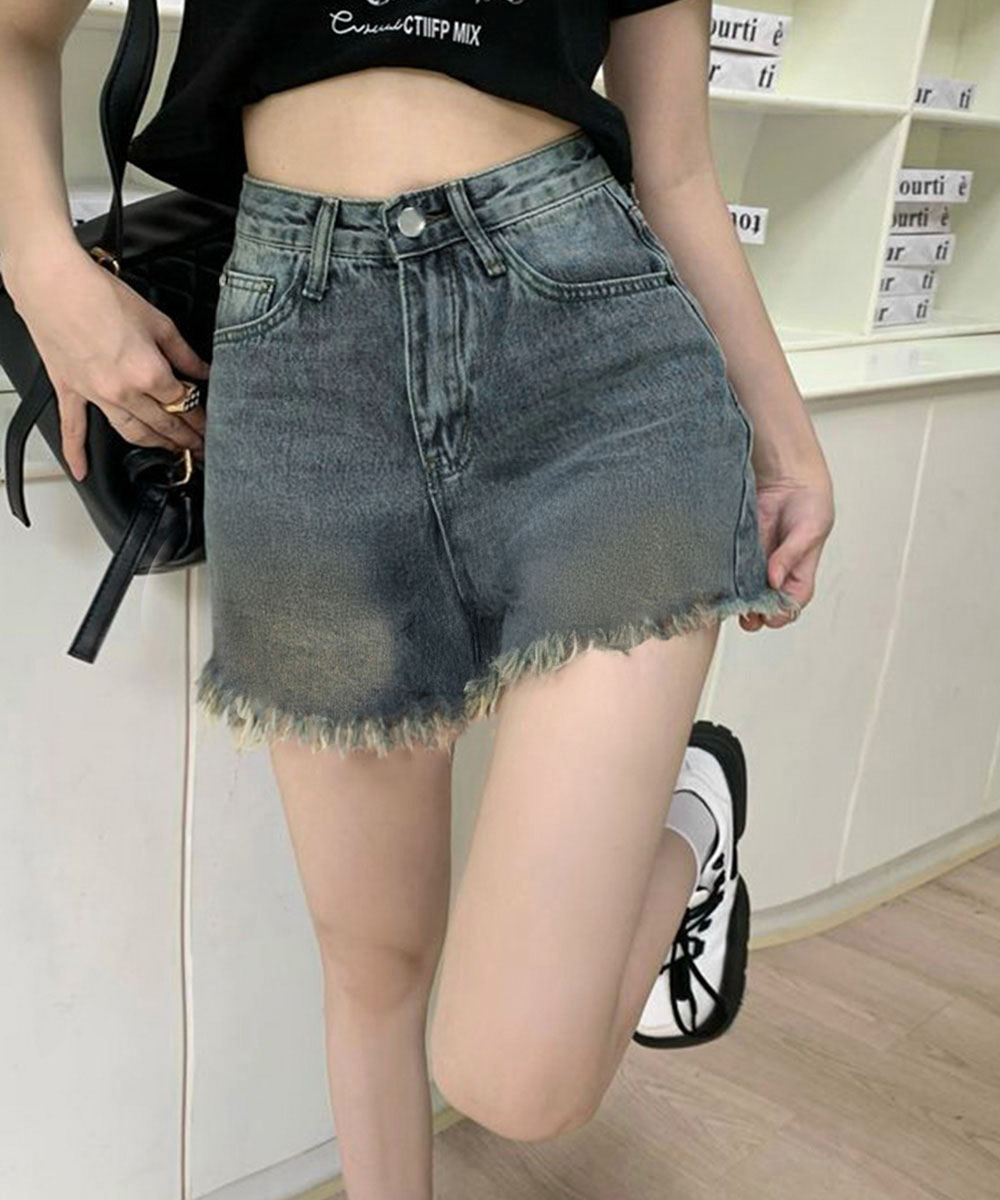 アメカジ ヴィンテージ風裾フリンジデニムショートパンツ