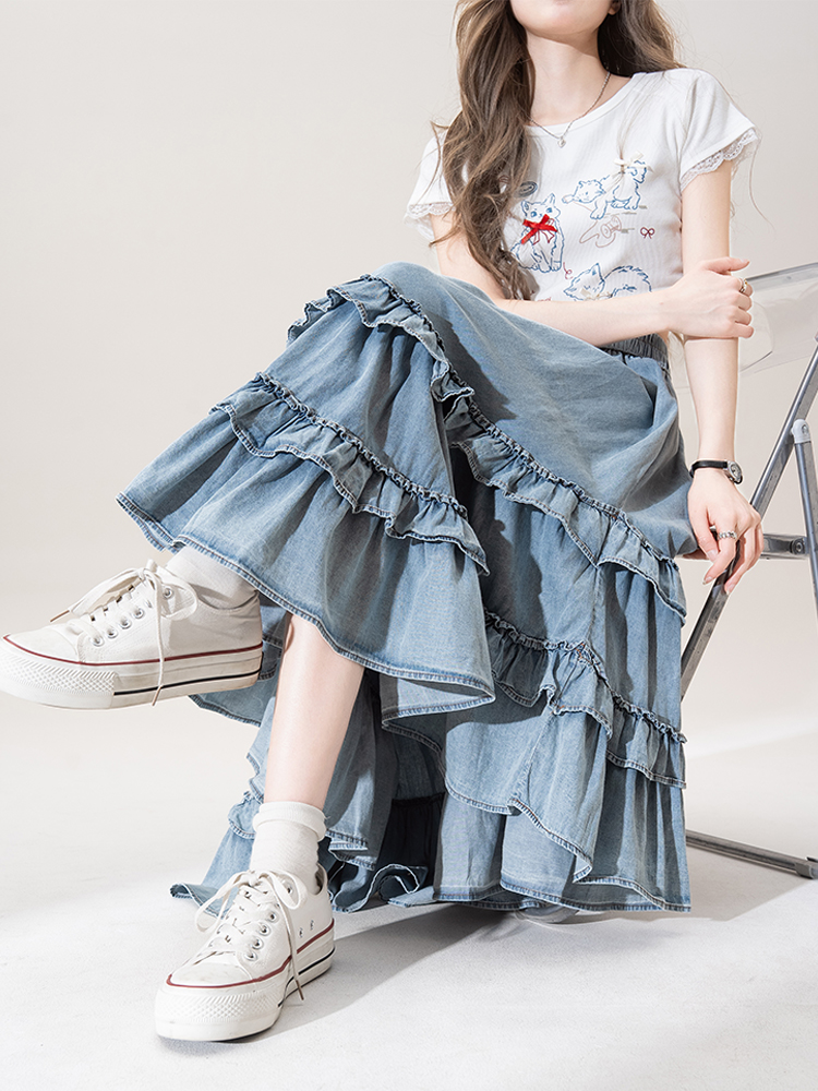 青ファッション ふんわりフリルマキシスカート