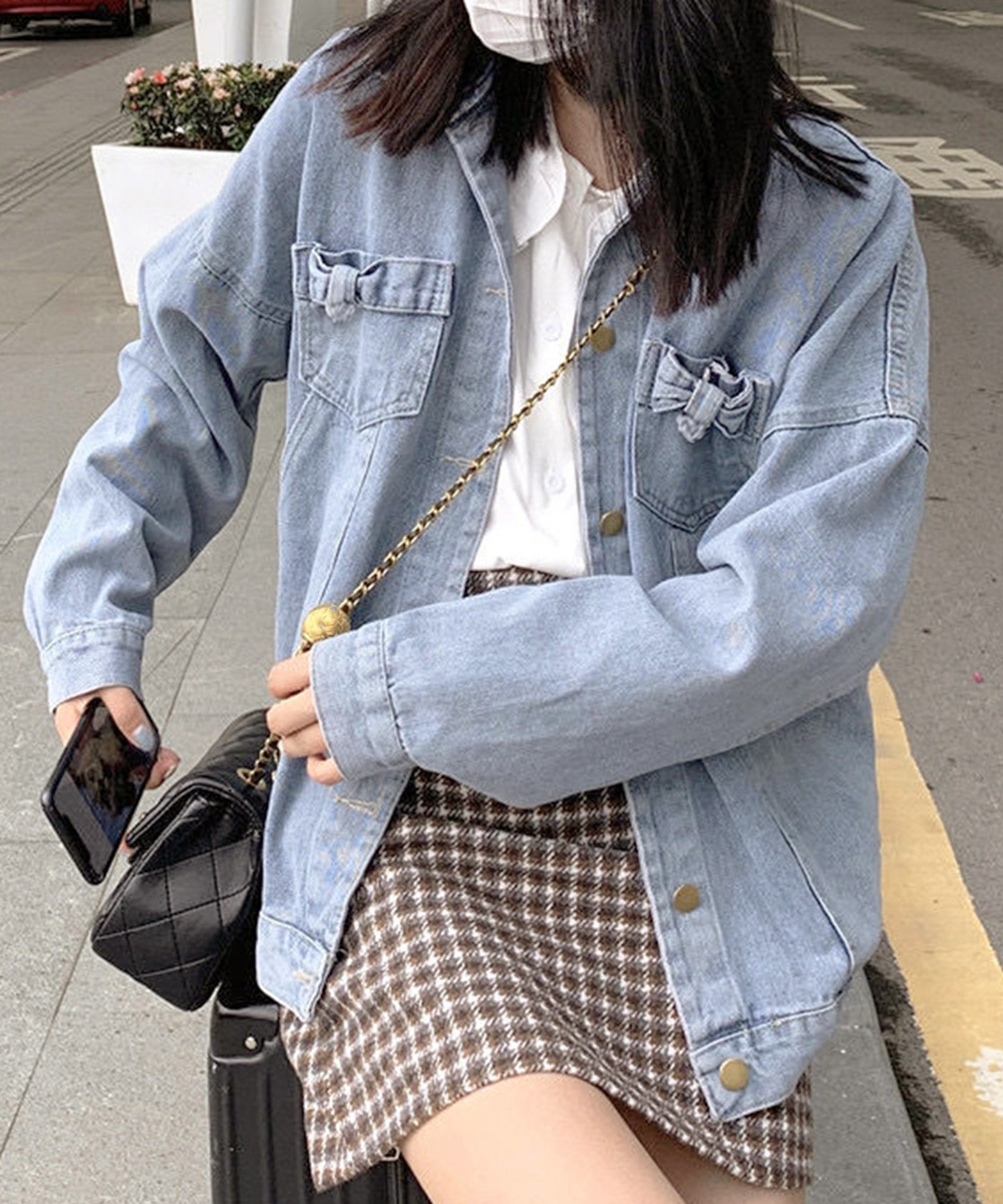 青ファッション ゆったりデニムジャケット 体型カバー 長袖羽織り