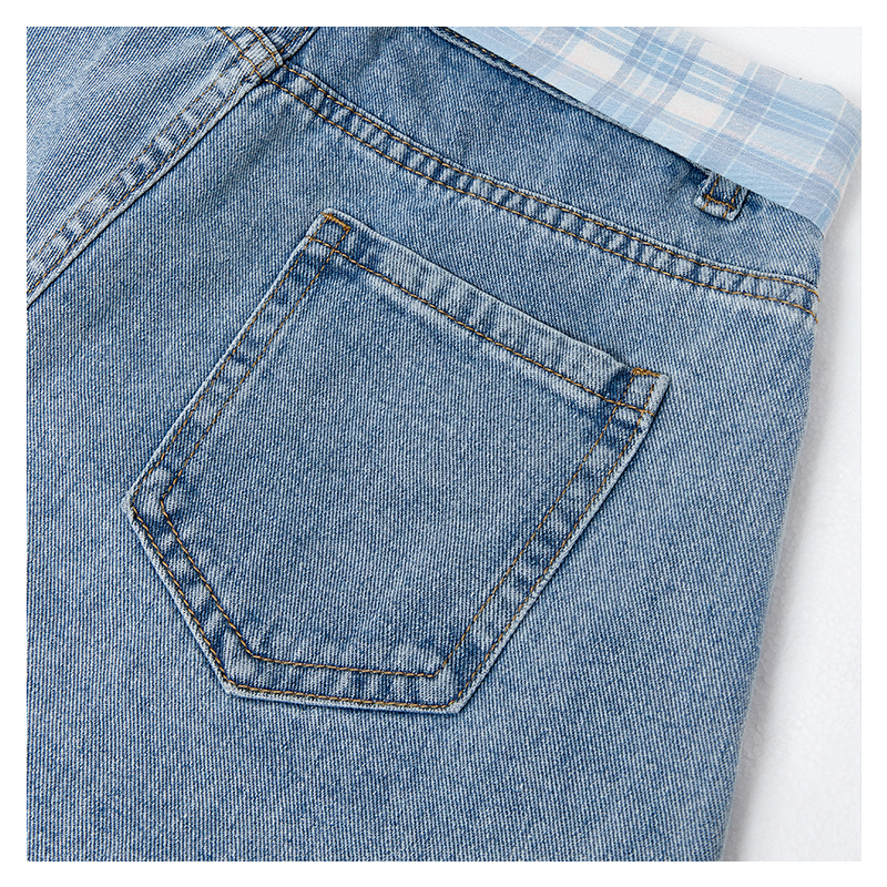 青ファッション チェックリボン付きデニムショートパンツ