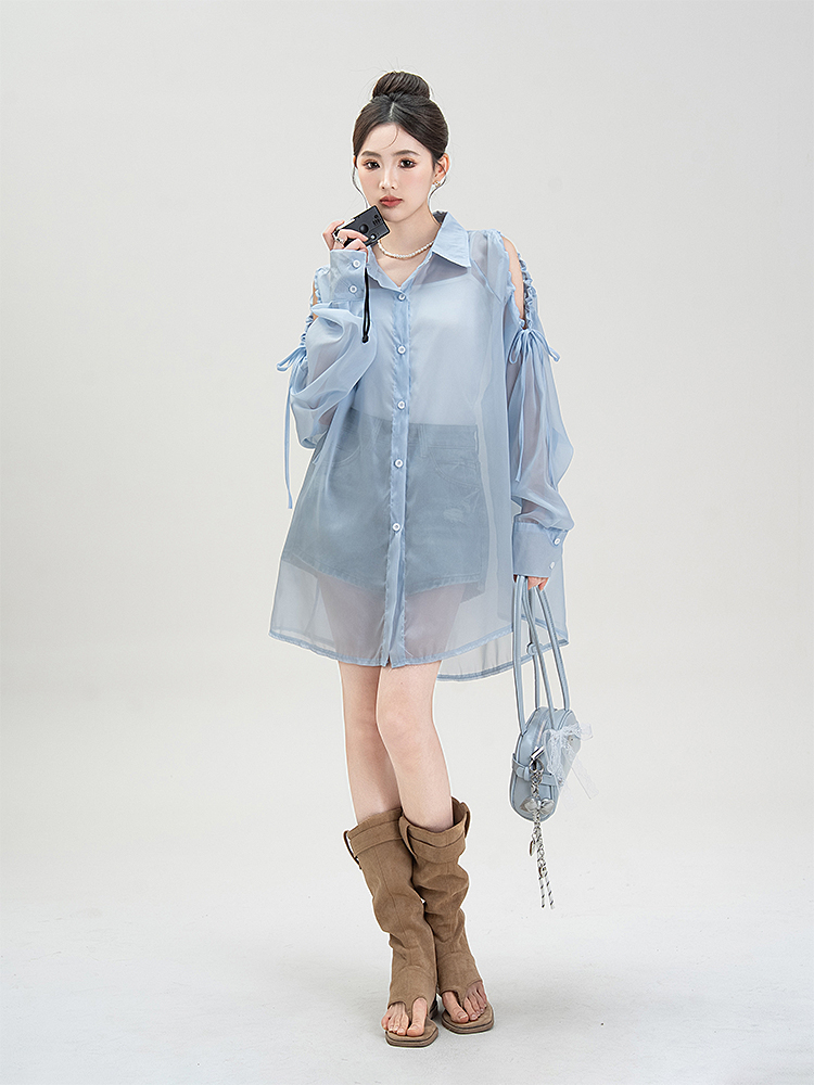 青ファッション 透け感シースルー袖リボンシャツ