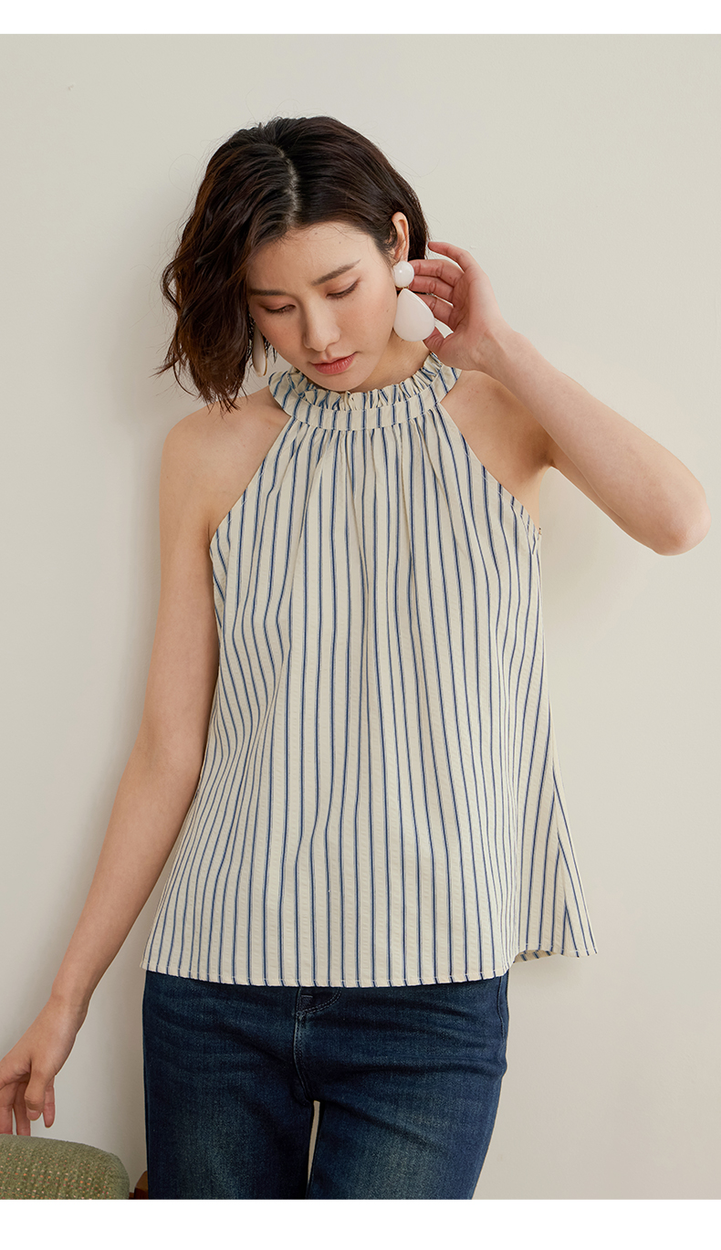 青ファッション ホルターネックストライプシャツ
