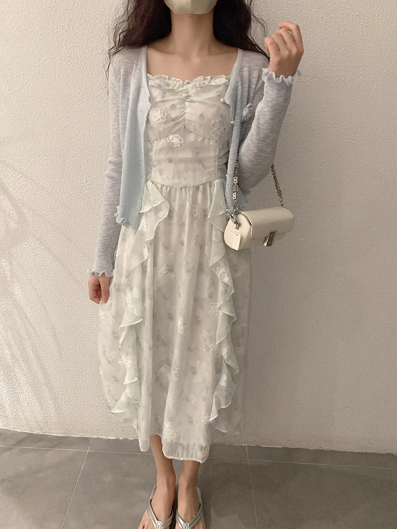 青ファッション フリルヘム 花モチーフ ショートカーディガン