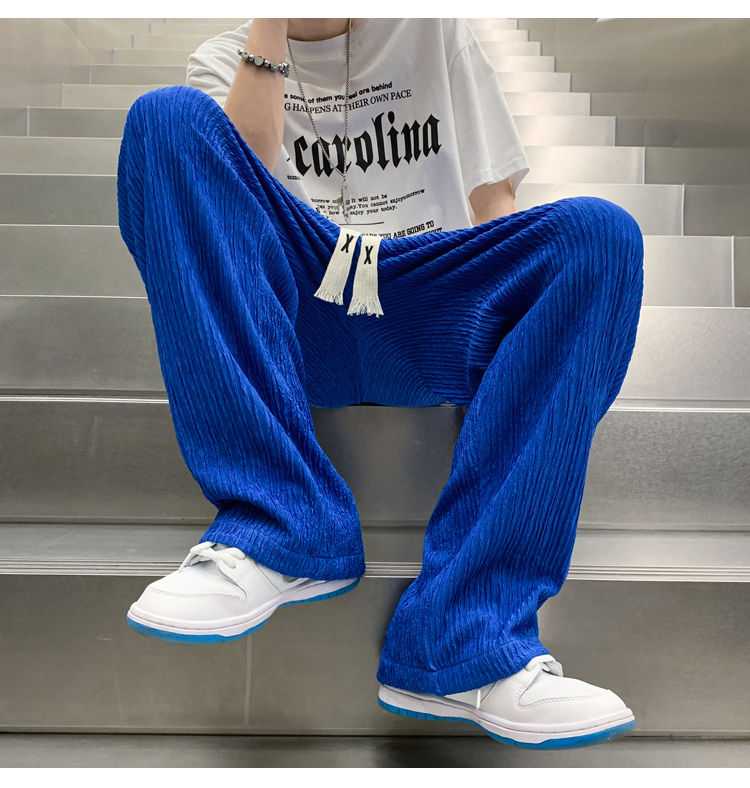 青ファッション しわ加工ワイドパンツ