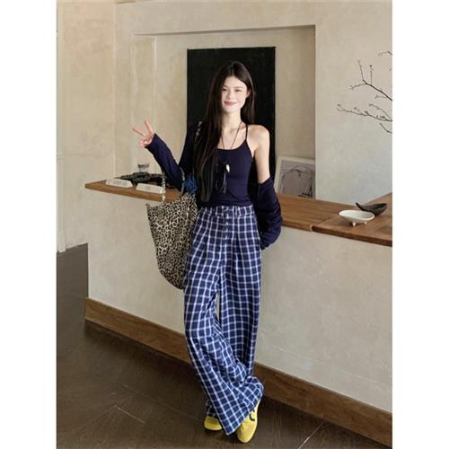 青ファッション 青ファッション 格子柄ゆったりカーディガンセットアップ
