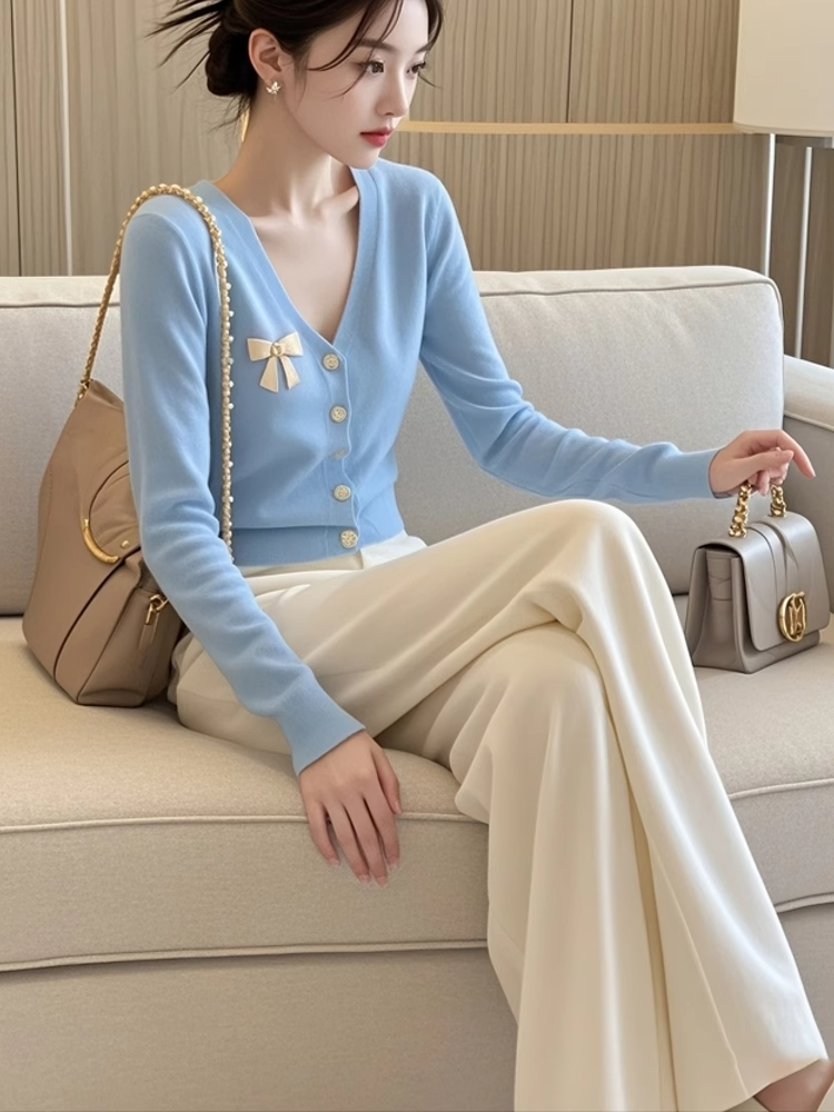 青ファッション 青ファッション リボン付きVネックカーディガン