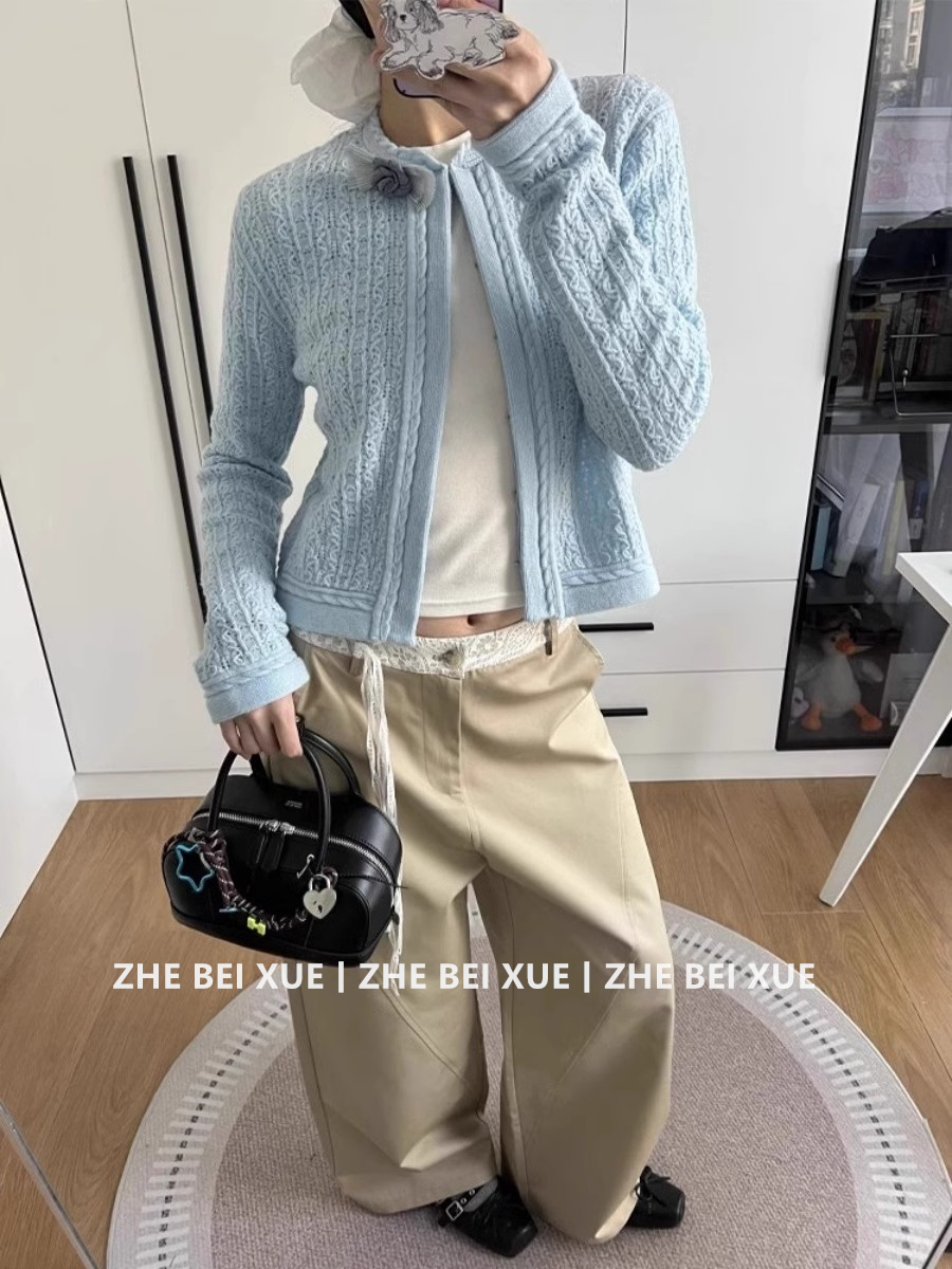 青ファッション 青ファッション 花結びケーブル編みショートカーディガン