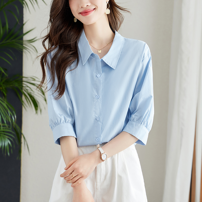 青ファッション 七分袖クラシカルブラウス