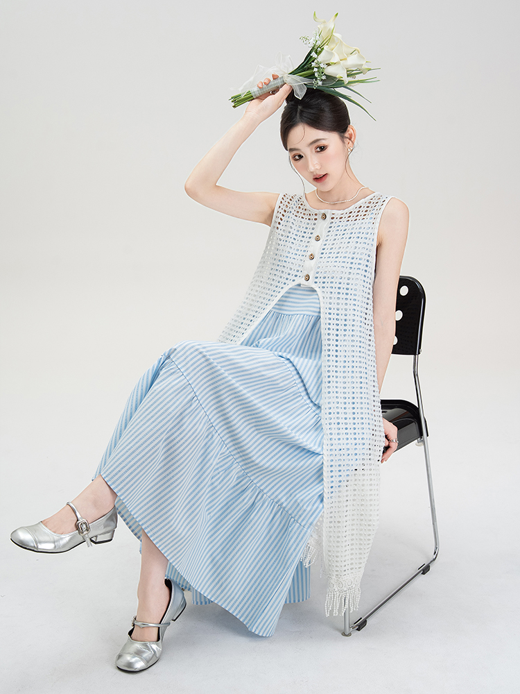 青ファッション レイヤード風マキシスカート