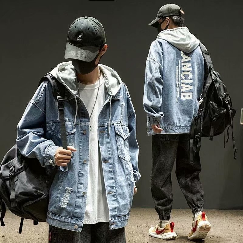 青ファッション バックロゴ フーディデニムジャケット