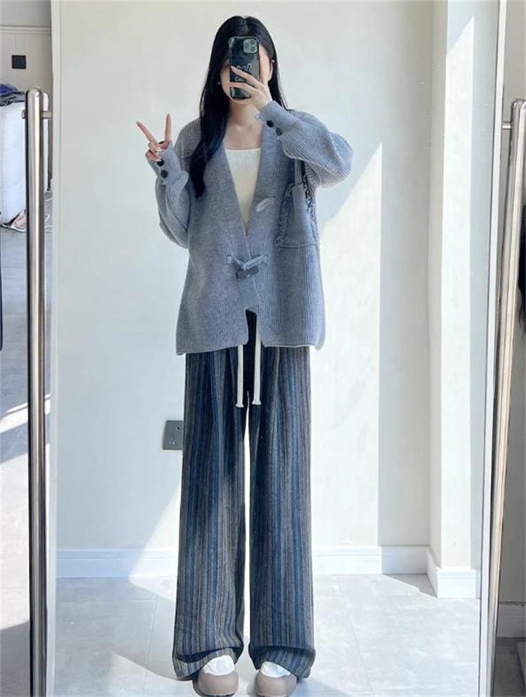 青ファッション 大人可愛い縦縞柄ワイドパンツ レディース