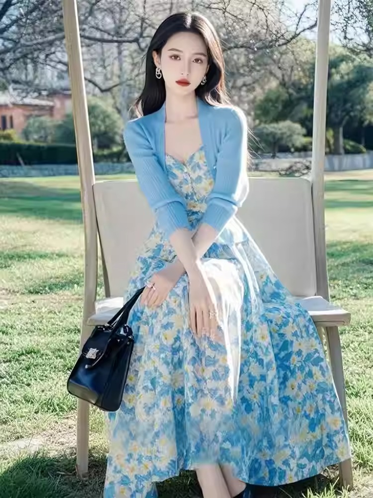 青ファッション 青ファッション 春の花園リブ編みカーディガン