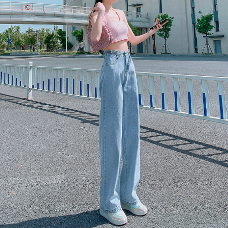 青ファッション 新作レディースゆったりハイウエストワイドデニムパンツ