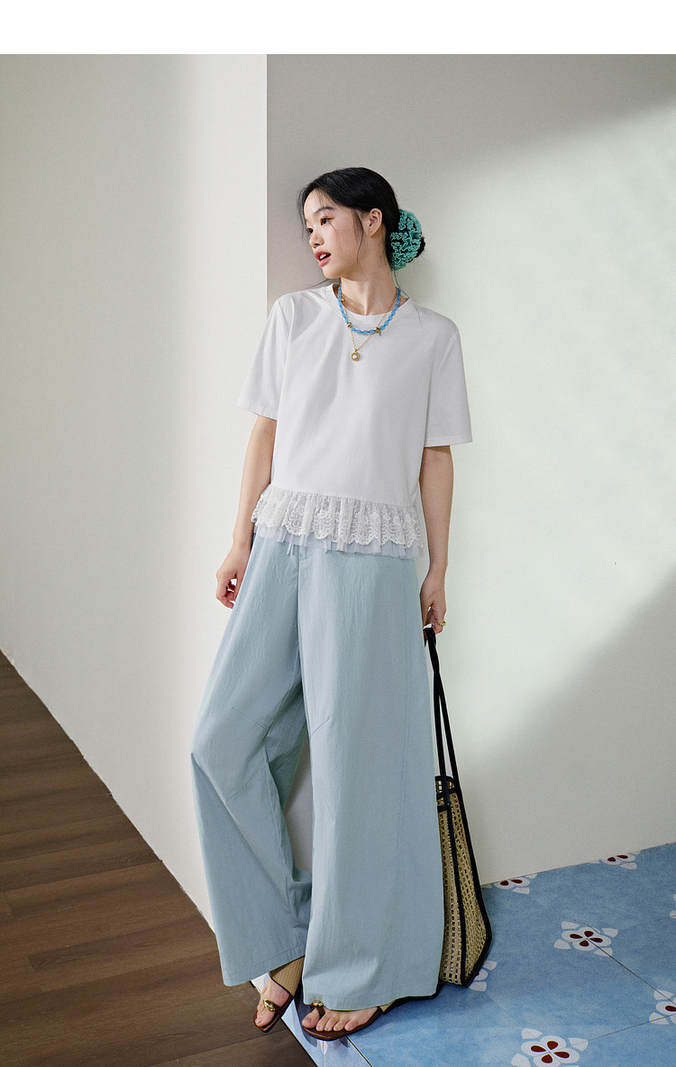 青ファッション 爽やか麻混ワイドパンツ
