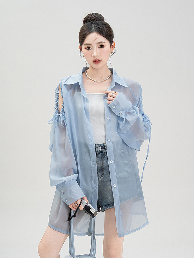 青ファッション 透け感シースルー袖リボンシャツ