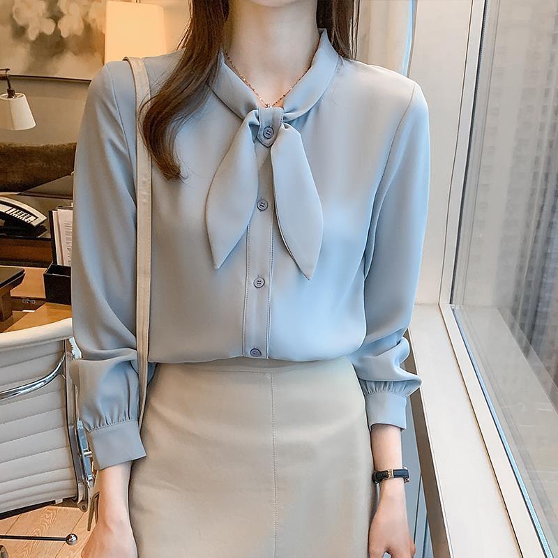 青ファッション リボンタイ シフォンブラウス