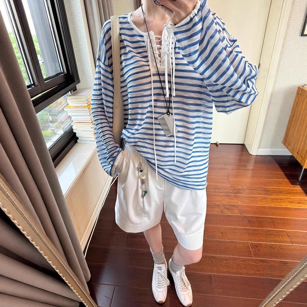 青ファッション ボーダー編み紐デザインカーディガン