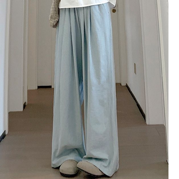 青ファッション なめらか風合いワイドパンツ