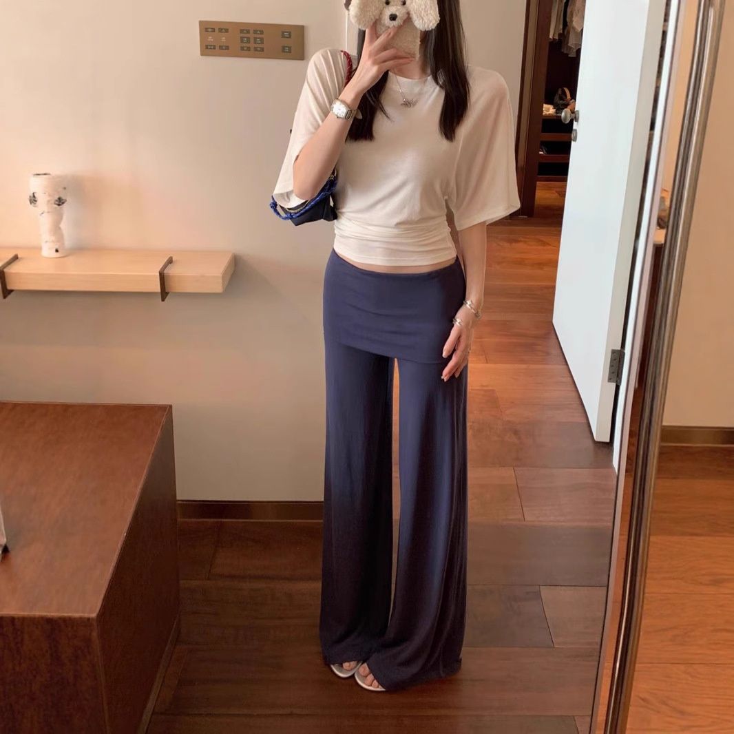 青ファッション スカート風レイヤードワイドパンツ