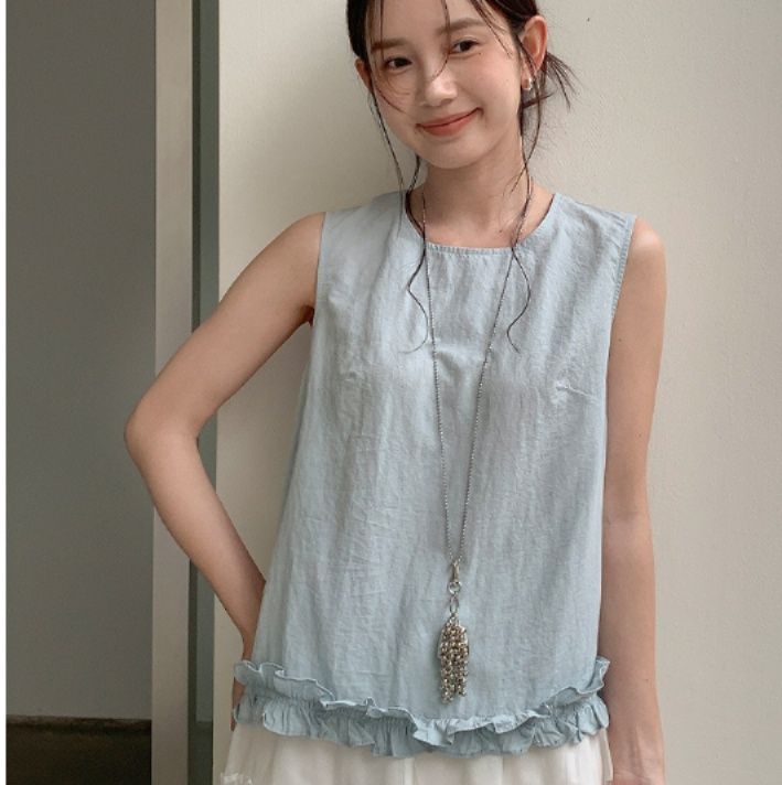 青ファッション ふんわりフリルノースリーブシャツ