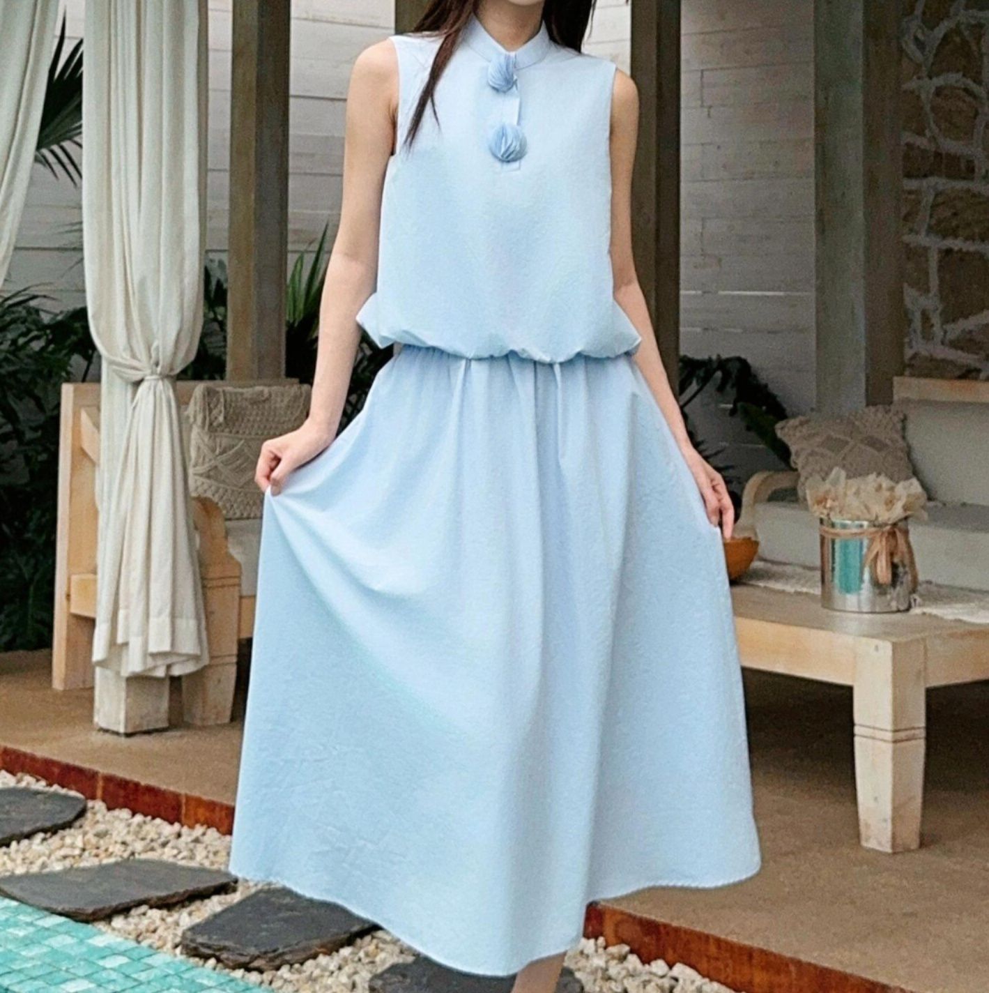 青ファッション 花びらボタン ノースリーブセットアップ