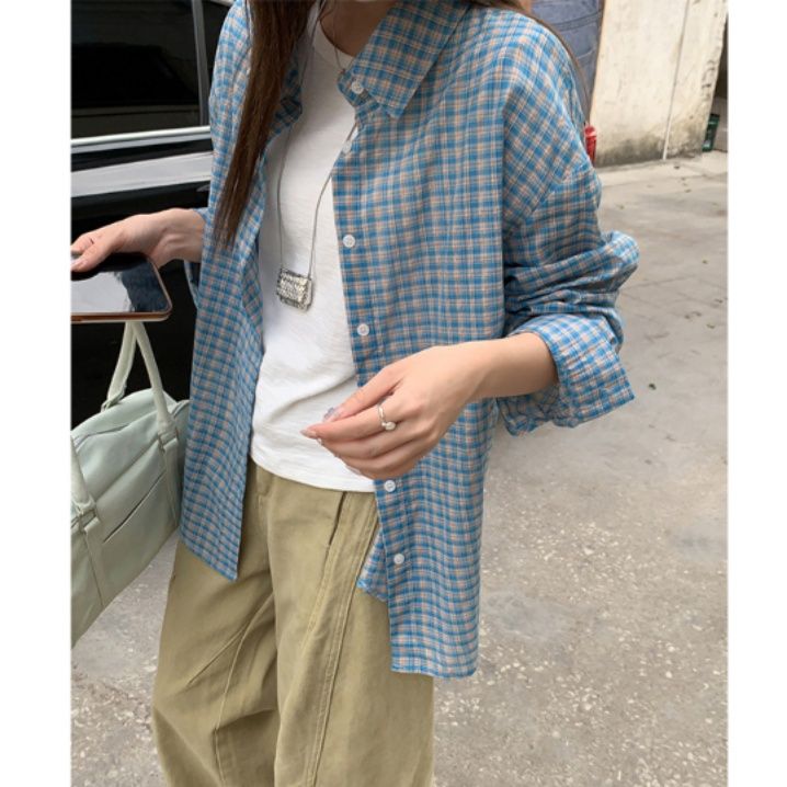 青ファッション ふんわり格子柄ゆったりシャツ