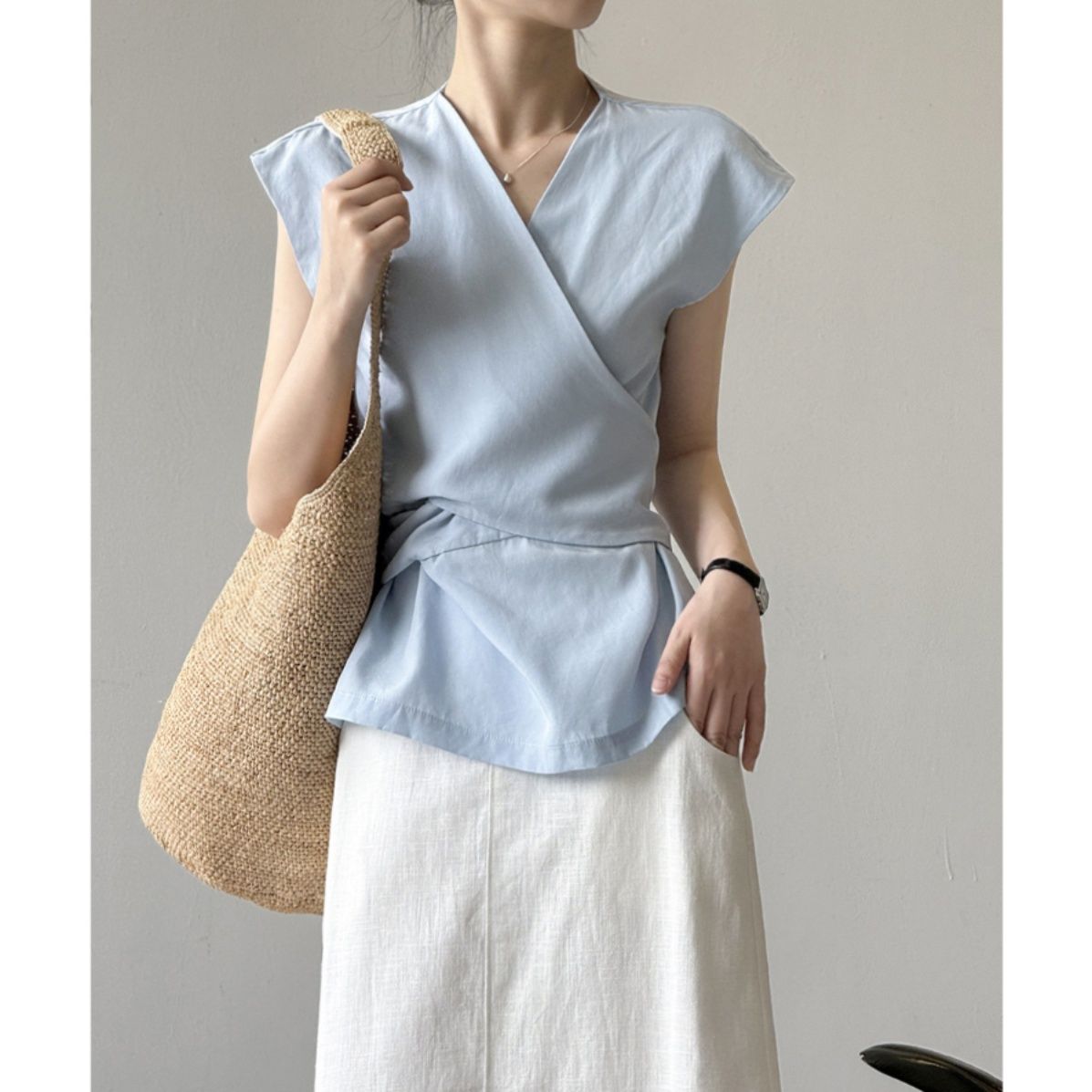 青ファッション 優美なラップカシュクールシャツ