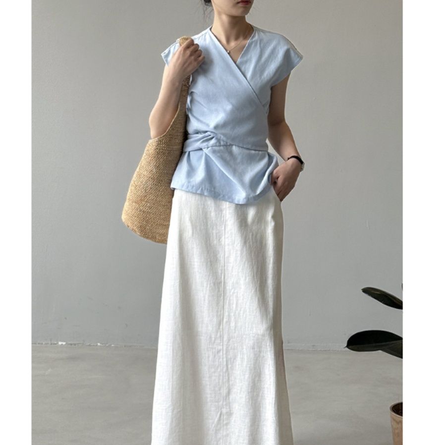 青ファッション 優美なラップカシュクールシャツ