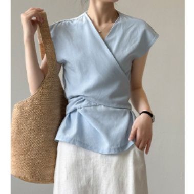 青ファッション 優美なラップカシュクールシャツ