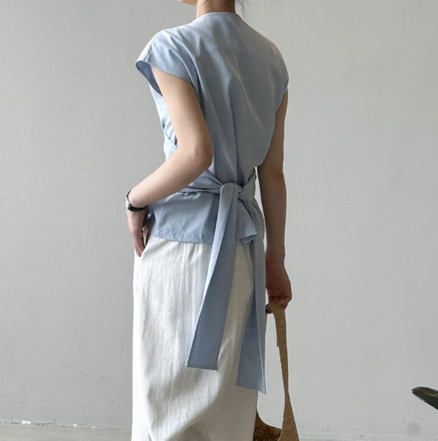 青ファッション 優美なラップカシュクールシャツ