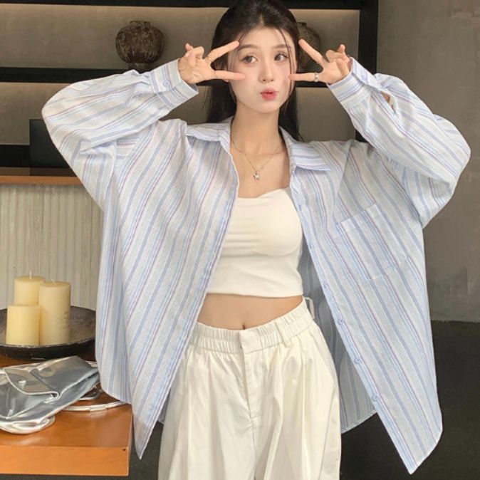 青ファッション さわやか縦縞ゆったりシャツ